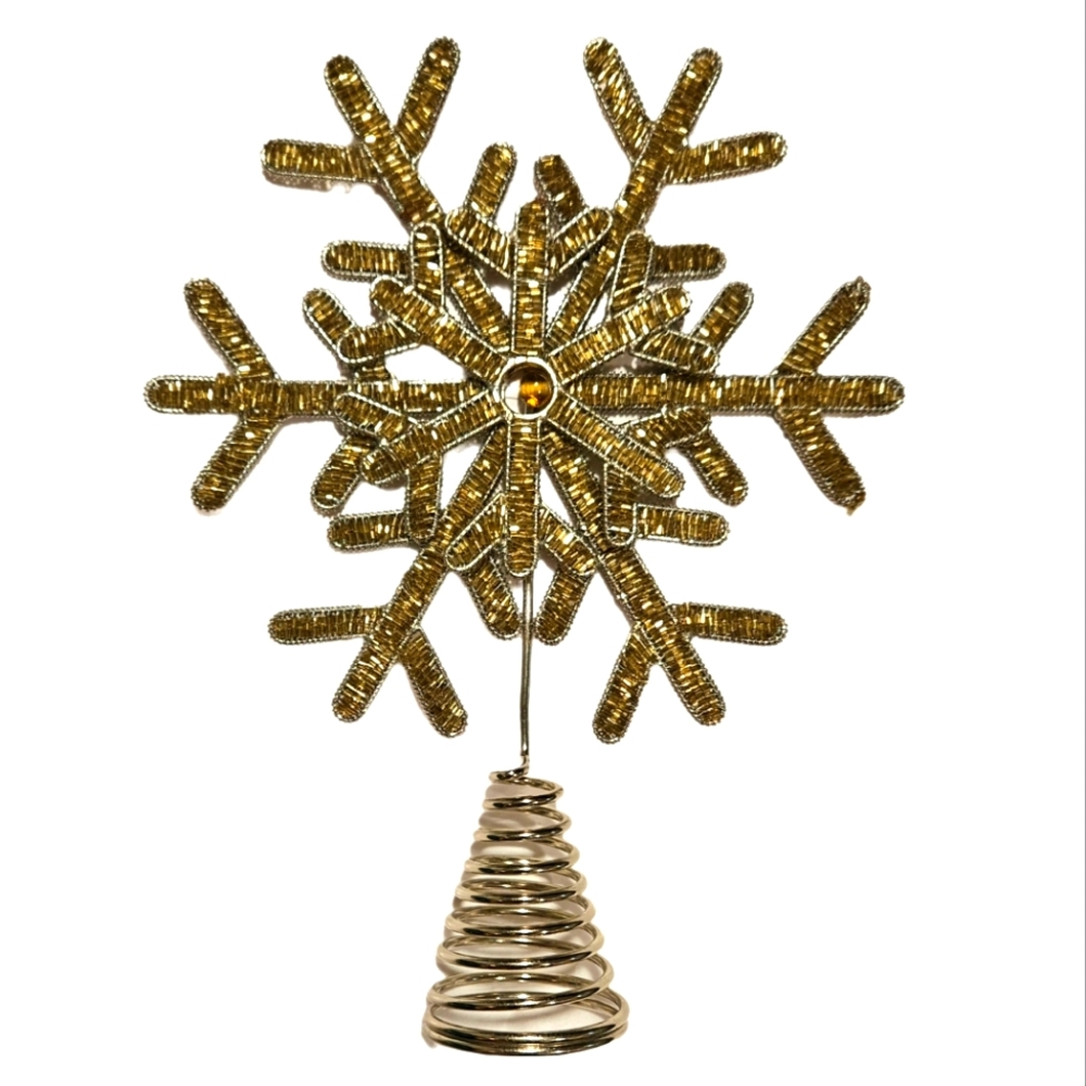 NWOT Pier 1 Tree Topper Glass Beaded Christmas Gold Snowflake Holiday Glittering